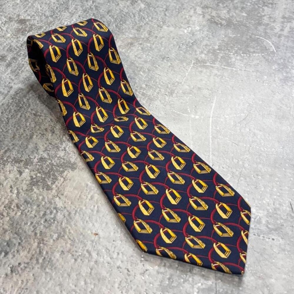 Vintage Celine Paris Silk Tie. Equestrian Horses Stirrup Print. Spain Silk